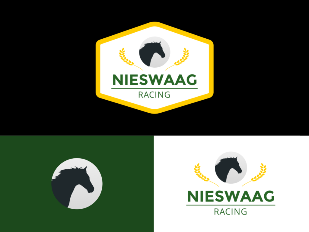 Collage showing branding for a racehorse company