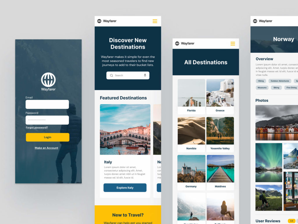 Several mobile screens for travel website